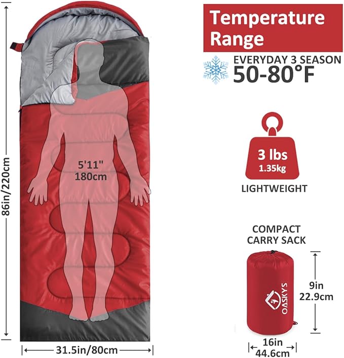 oaskys Camping Sleeping Bag - 3 Season Warm &amp Cool Weather - Summer Spring Fall Lightweight Waterproof for Adults Kids - Camping Gear Equipment Traveling and Outdoors