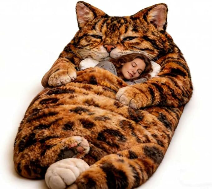 Cat Shaped Sleeping Bag for Adults 69x31 Extra Large Plush Floor Lounger Cozy Envelope Sleep Sack for Camping Travel &amp Indoor Use Soft Washable Warm Blanket