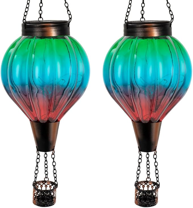 2 Pack Solar Balloon Lanterns Hanging Lights Hot Air Balloon Solar Lantern Outdoor Waterproof Decor for Garden Patio Yard Art Glass Lanterns Mother's Day Gifts(Gradient Green)