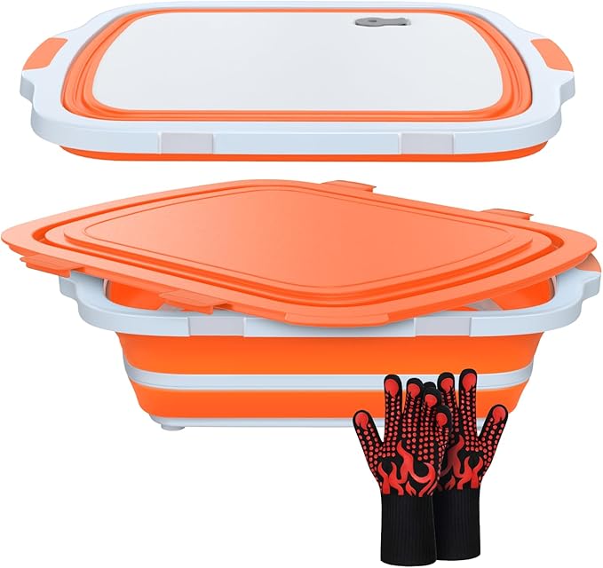 XL Collapsible BBQ Prep Tub with Cutting Board &amp Drain Plug – Portable Food Prep Station for Kitchen Camping &amp Grill – Dishwasher Safe Space-Saving Design – Heat-Resistant Glove Included (Or