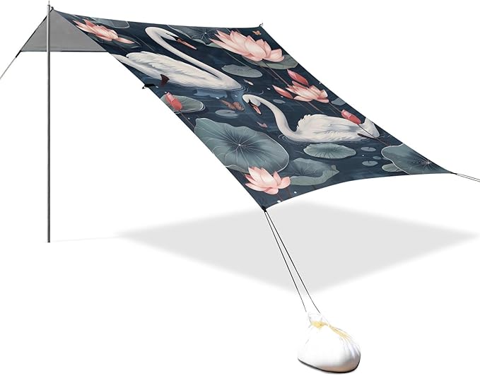 Japanese Swans Beach Tent Sun Shelter 9.2' x 10.5' Beach Canopy with 4 Sandbags 4 Stability Poles Sand Shovels - Tent Canopy for Beach Camping Fishing Picnics