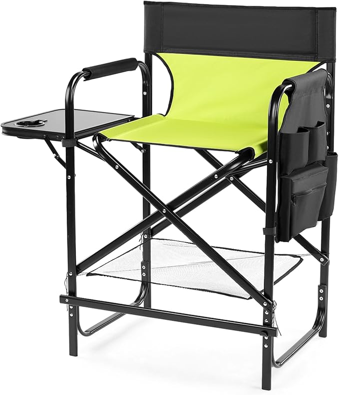 Tall Camping Directors Chair 26 Portable Folding Artist Makeup Chair with Side Table Pocket Footrest Concert Outdoor Foldable Camp Lawn Chairs (Neon Green)