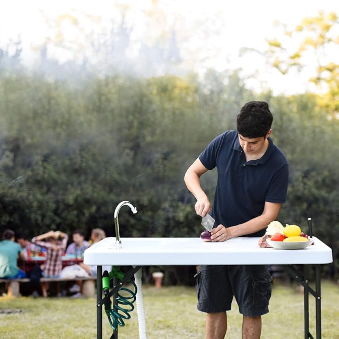 GYMAX Fish Cleaning Table with Sink Folding Fish Cleaning Station with Adjustable Spray Cleaner Foldable &amp Rotatable Faucet Portable Fillet Table for Outdoor Camping Fishing Picnic