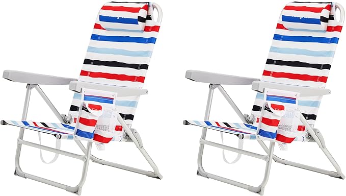 SUNNYFEEL Portable Beach Chair Folding Low Back Beach Chair Lightweight Camp Chair with Reclining Position Backpack Lounger for Beach Camping Lawn Outdoor Red Blue White Striped 2 Pack