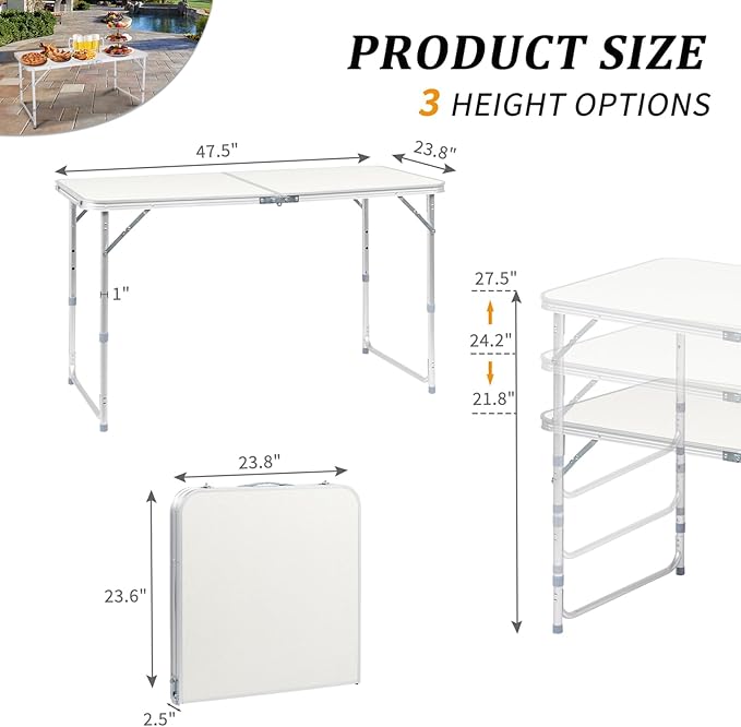 Folding Table 4 FootPortable Camping Camping with Handle3 Height AdjustableAluminium Alloy Dining Card Table Picnic Party Table for Banquet Party Dining Picnic Camp Kitchen BBQSilver 4 FT