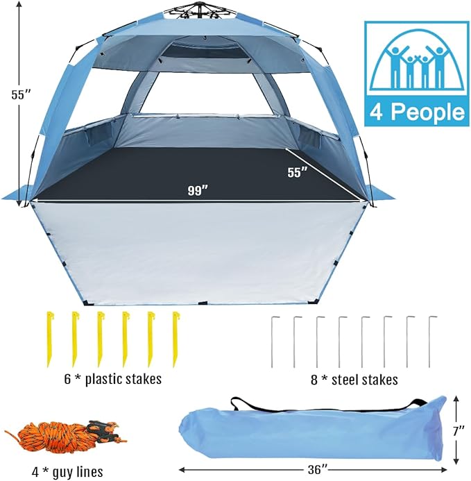 WhiteFang Deluxe Pop Up Beach Tent Sun Shade Shelter for 3-4/5-6 Person UV Protection Extendable Floor with 3 Ventilating Windows Plus Carrying Bag Stakes and Guy Lines