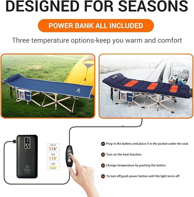 Nice C Heated Cot with Cushion Heated Camping Cots Folding Cots with Mattress for Adults with Pillow Carry Bag &amp Storage Pocket Extra Wide Sturdy Holds Up to 500 Lbs (2 Heated Mattress Navy