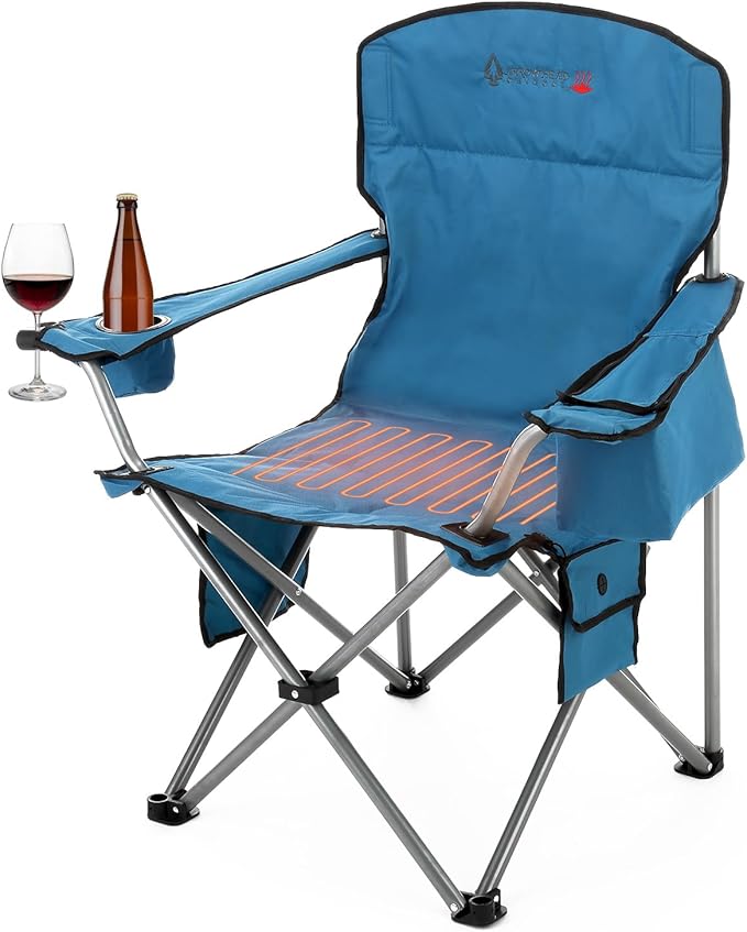 ARROWHEAD OUTDOOR Portable Heated Folding Camping Chair w/ 6-Can Cooler 3 Heat Settings Cup &amp Wine Glass Holder Heavy-Duty Carrying Bag Padded Armrests Battery NOT Included Supports up to 33
