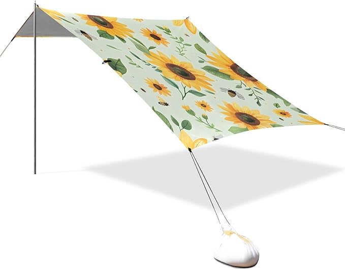 Bolaz Beach Canopy Tent Sun Shade9'×10.5' Large Family Beach Shade UPF50+- Outdoor Shade for Camping Trips FishingSunflower Bee Pattern