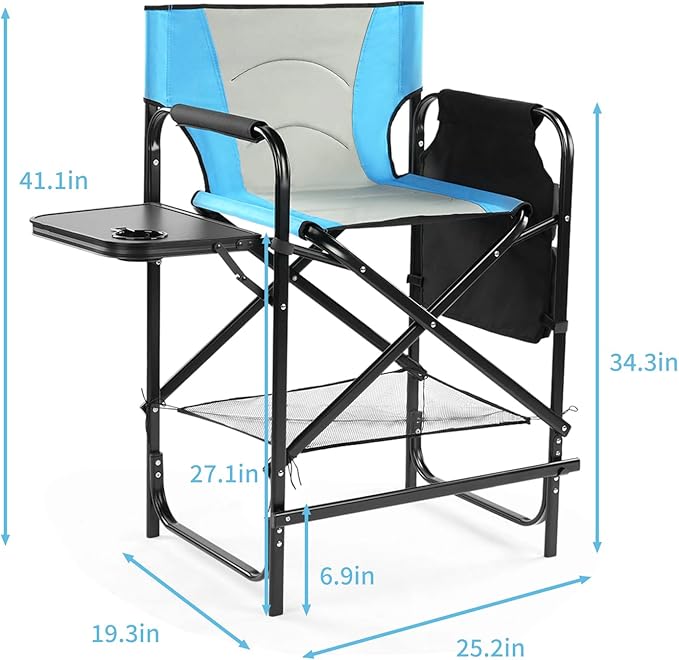 Tall Camping Directors Chair 26 Portable Folding Artist Makeup Chair with Side Table Pocket Footrest Concert Outdoor Foldable Camp Lawn Chairs (Blue)