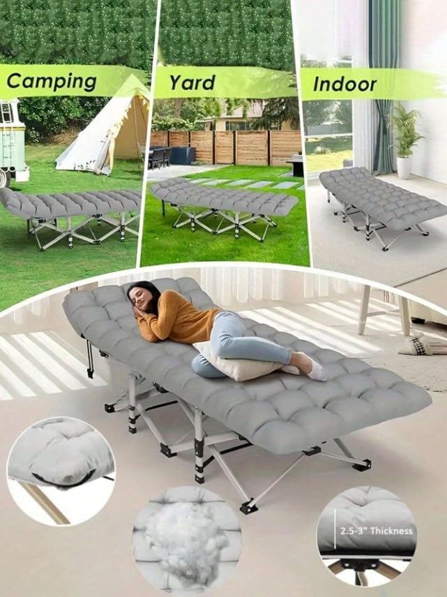 Folding Camping Cot with Mattress Portable Bed for Adults Comfortable Sleeping Solution for Indoor Outdoor Travel Home Office Use with Carry Bag (Gray)