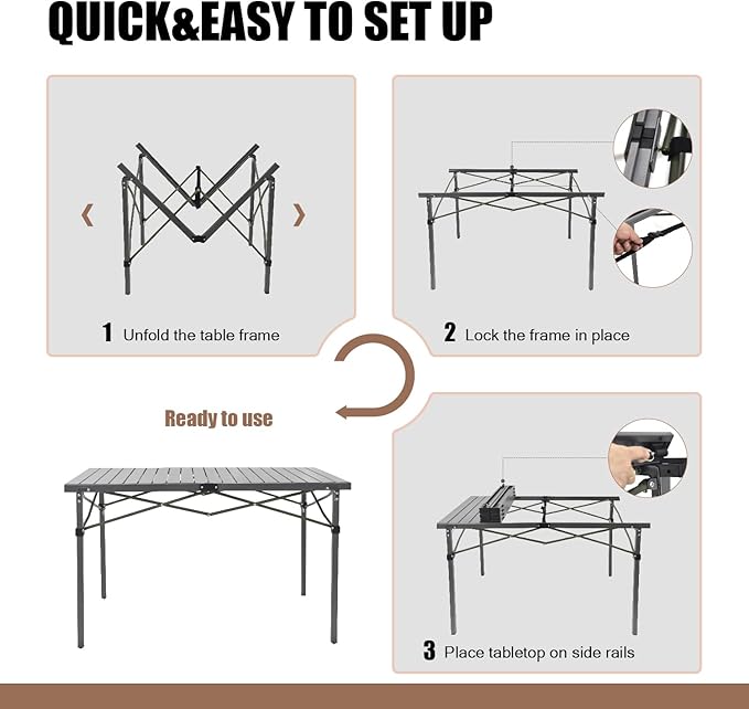 Portable Outdoor Camping Table Oversize Aluminum Roll Up Lightweight Folding Table for Picnic Barbecue Beach Tailgating Party Backyard Indoor and Outdoor Stable and Durable