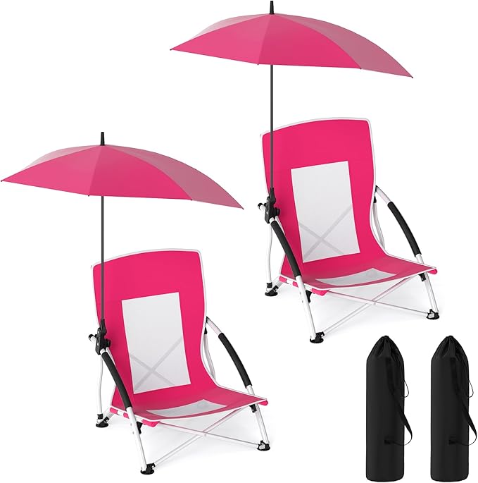 Goplus Beach Chair with Umbrella 2 Pack 330lbs Folding Backpack Chairs for Adults with Adjustable Parasol Comfy Armrest Breathable Seat Lightweight Portable Low Sand Chair for Lawn Camping