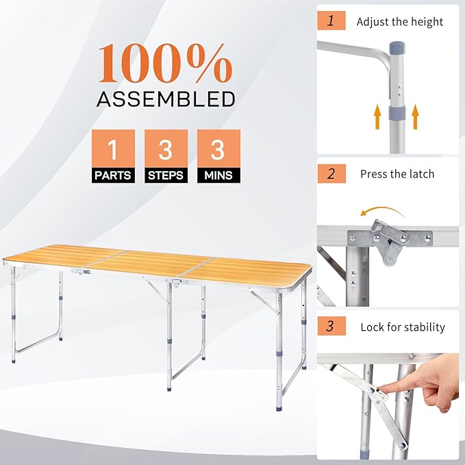 6.0 Ft Folding Portable Camping Table with Three Adjustable Heights Tri-fold Outdoor Table Outdoor Camping Kitchen BBQ Dining Picnic Cooking Beach Garden Yellow