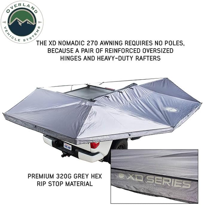 Overland Vehicle Systems - XD Nomadic 270 - Awning W/Lights &amp Black Out Passenger Side Grey Hex Black Trim &amp Black Travel Cover