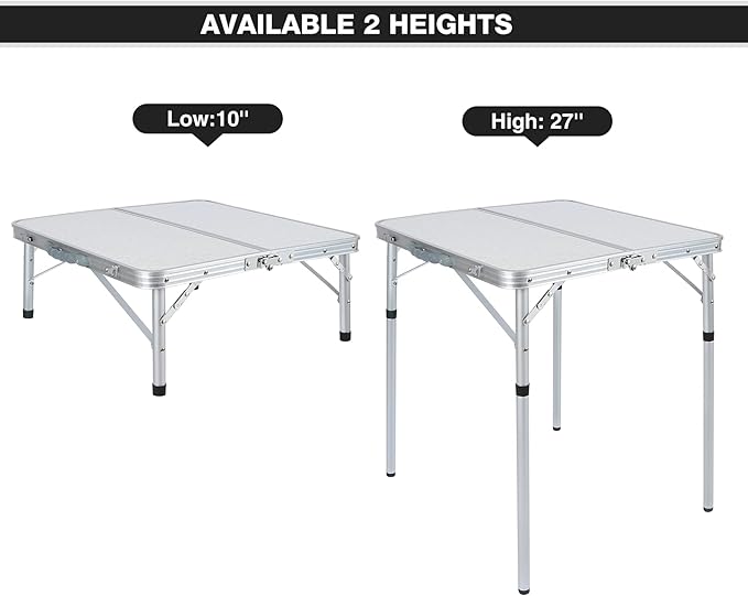 REDCAMP 24 Square Small Folding Camping Table with Adjustable Heights Legs Lightweight Portable Aluminum Fold in Half Card Tables Bridge Tables for Outdoor Picnic White