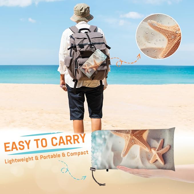 Waterproof Sandproof Beach Blanket 59''×68'' Starfish Polyester Outdoor Picnic Blanket with 4 Stakes &amp Storage Bag for BeachCampingVacation Shells
