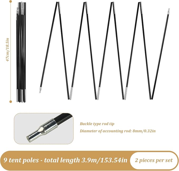 Tent Poles Awning Poles Replacement Tent Poles Replacement 8mm 12.8ft Length Adjustable Fiberglass Tarp Poles 18 Sections Supporting Awning Rods for Camping Backpacking