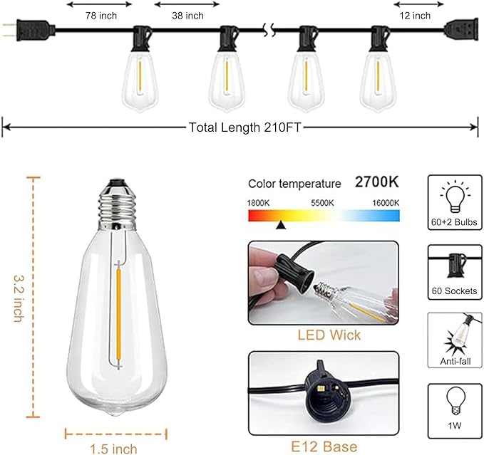 Upgraded LED Outdoor String Lights 210Ft Shatterproof Waterproof ST38 Vintage Edison Bulbs Patio Lights Energy Saving Hanging Outdoor for Christmas Porch Deck Garden Backyard Wedding Party