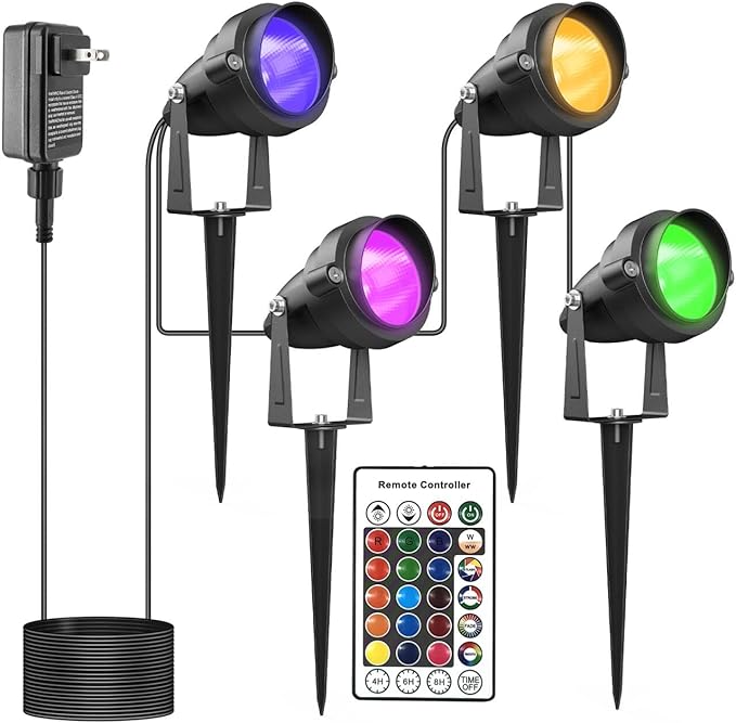 Outdoor Spotlights Yard Spot Lights with Timer Colored Warm White 20W RGB LED Landscape Light IP65 Waterproof Uplight with Spiked Stand for Lawn House Flag Pathway Porch Christmas (4 Lights)