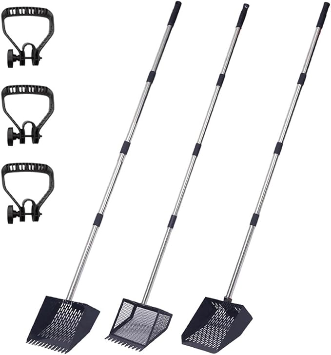 Adjustable manure shovel made of stainless steel with ergonomic and sieve plate for poultry farms. Durable manure shovel made of iron with rubber chain