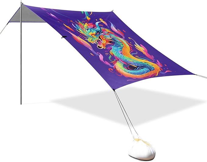 ALAZA Rainbow Dragon Beach Tent Sun Shelter UPF50+ Protection Beach Shade Canopy w/ 4 Sandbags for Outdoor Camping Fishing Backyard Fun Picnic 10x9 ft