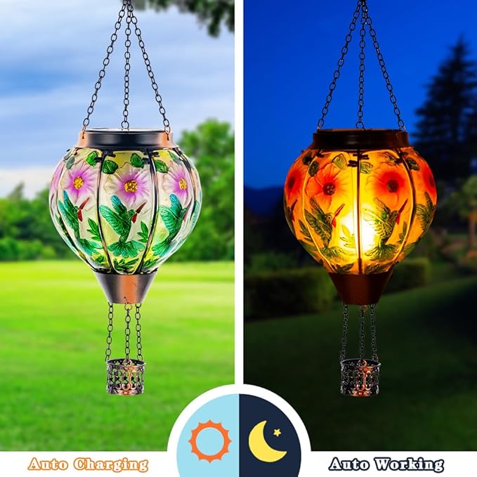 DREAMSOUL 2PCS Hummingbird Hot Air Balloon Solar Lantern Hanging Glass Solar Lanterns Outdoor Waterproof for Garden Tree