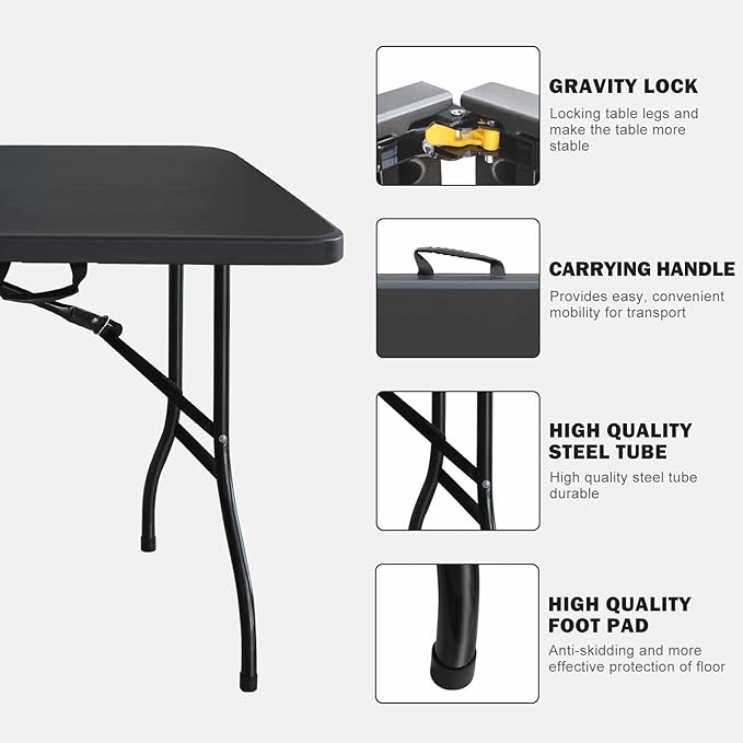 6ft Folding Table Portable Plastic Table for Camping Picnics Parties High Load Bearing Foldable Table Black