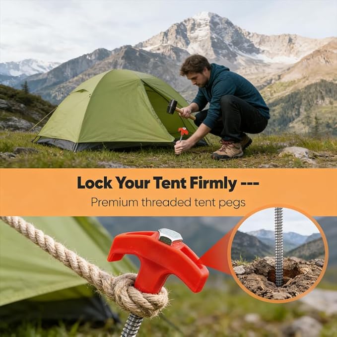 8 Screw in Tent Stakes 8-Inch M8 Carbon Steel Spiral Ground Anchors for Camping Tents Canopies and Tarps Hand or Drill Installation for Grass Gravel and Hard Soil (8PCwith Bag)