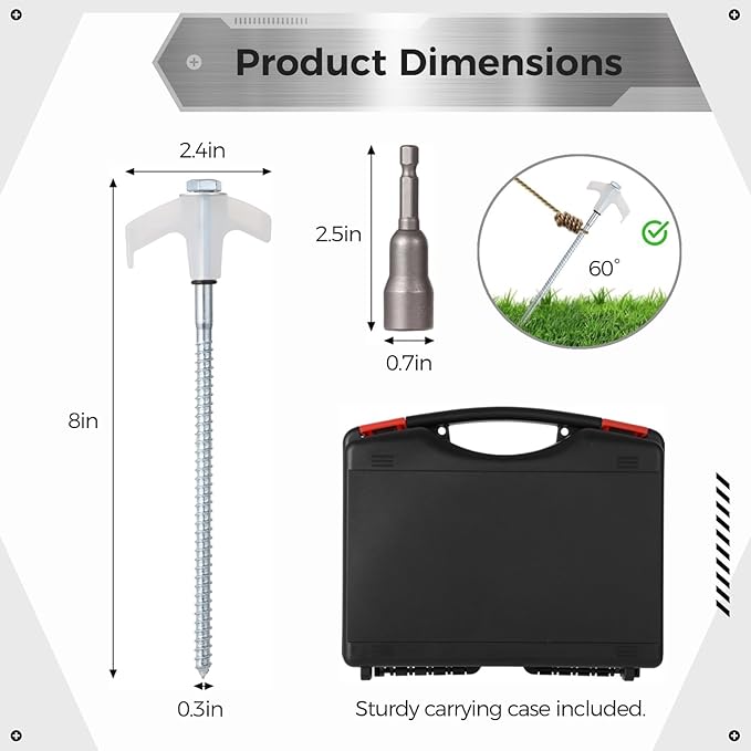 20-Pack Metal Tent Stakes with Glow-in-The-Dark Function Heavy-Duty Ground Spikes Hexagonal Drive Tool and Storage Box