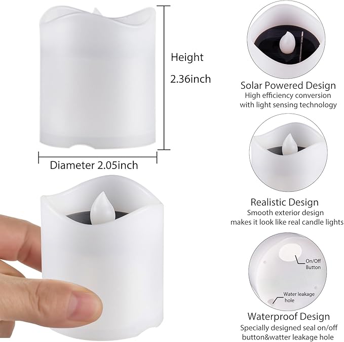Solar Candles Outdoor Waterproof 8pcs Rechargeable Dusk to Dawn Little Votive Candles Flameless Flickering Solar Tea Lights for Patio Yard Deck Pathway Window Outdoor Lantern Decor (Warm White)