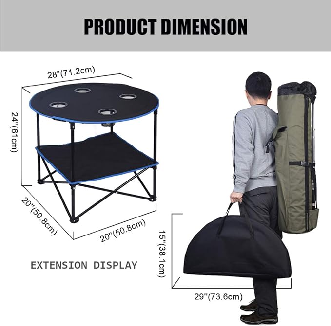LEADALLWAY Folding Picnic Table Portable Outdoor Camping Table with 4 Cup Holders and Carrying BagsCollapsible Canvas Travel Table for Outdoor PicnicBarbecueTravelFishing (Black+Blue)