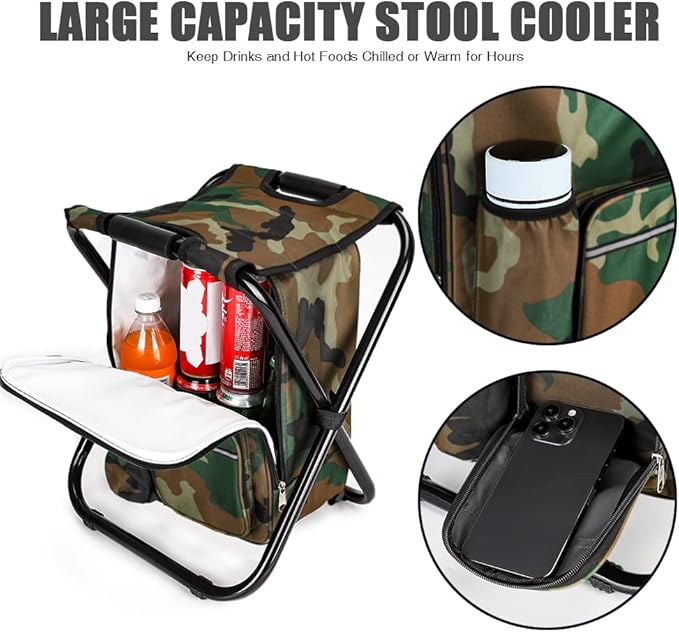 Portable Hiking Camouflage Camping Stool Folding Camping Chair Stool Backpack with Cooler Insulated Picnic Bag
