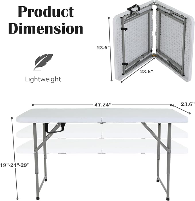 Portable Folding Table - 4 Foot White Plastic Camp Table with Steel Legs &amp Built-in Handle