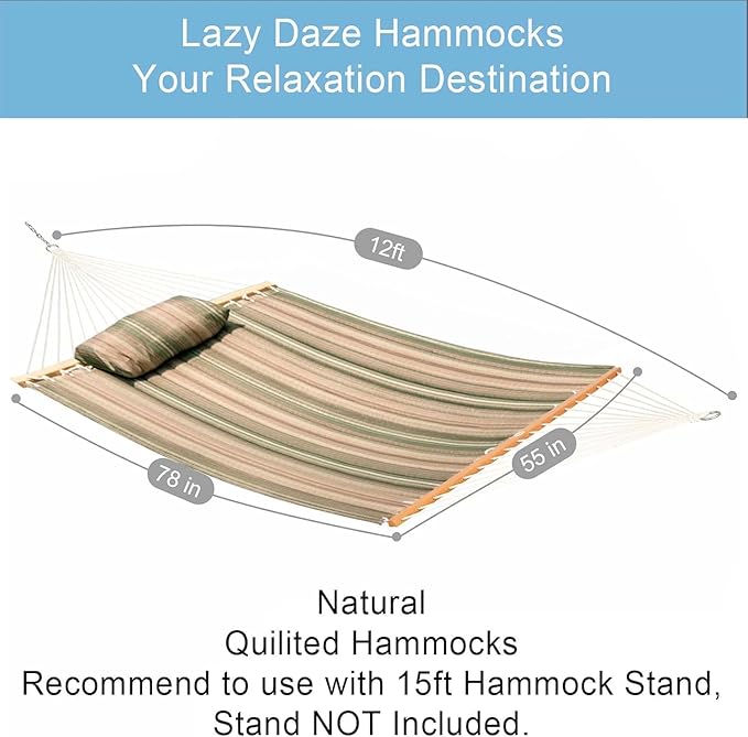 Lazy Daze 12 FT Quilted Fabric Double Hammock with Spreader Bars and Detachable Pillow 2 Person Hammock for Outdoor Patio Backyard Poolside 450 LBS Weight Capacity Mixed Green &amp Brown Stripe