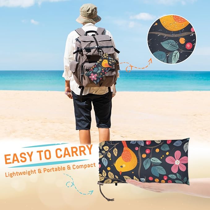 Waterproof Sandproof Beach Blanket 59''×68'' Spring Flowers &amp Birds Polyester Outdoor Picnic Blanket with 4 Stakes &amp Storage Bag for BeachCampingVacation
