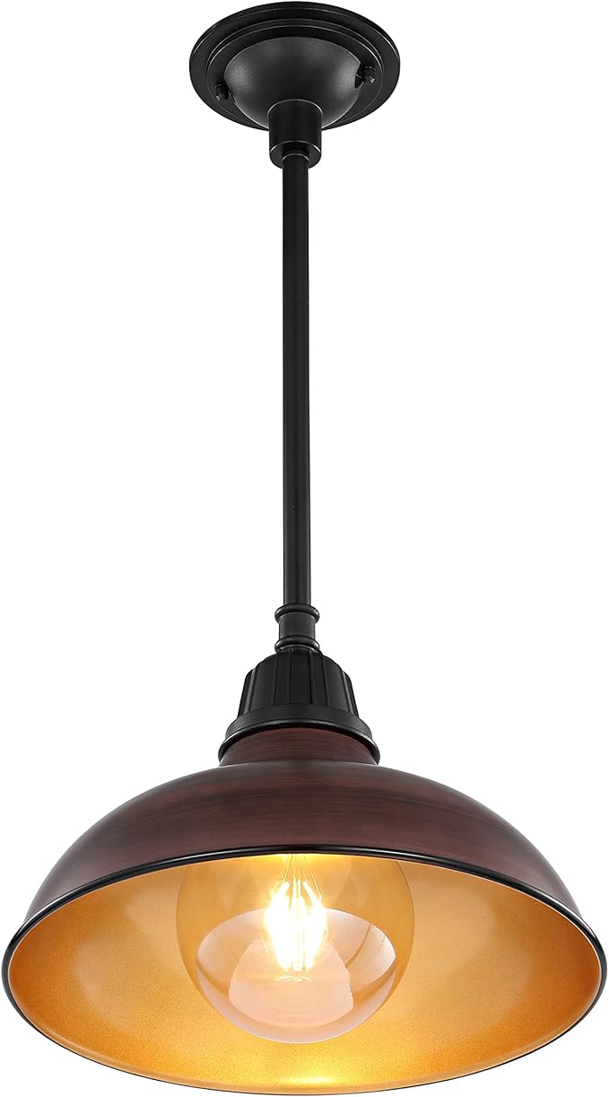 JONATHAN Y 12.25 Wood Finish/Copper Farmhouse Indoor/Outdoor LED Pendant Iron Hanging Light and Black 1-Light Metal Shade Rustic Ceiling Lamp for Kitchen Island LED Bulb Included (JYL7611G)