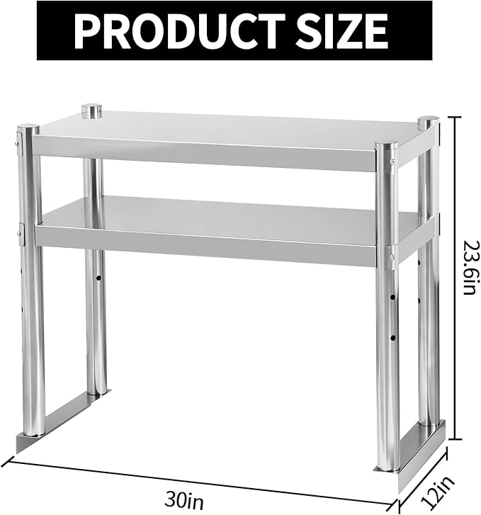 Stainless Steel Double Overshelf 30''L x 12''W Commercial 2 Tier Overshelf Height Adjustable Overshelf for Prep Work Table in Kitchen Restaurant