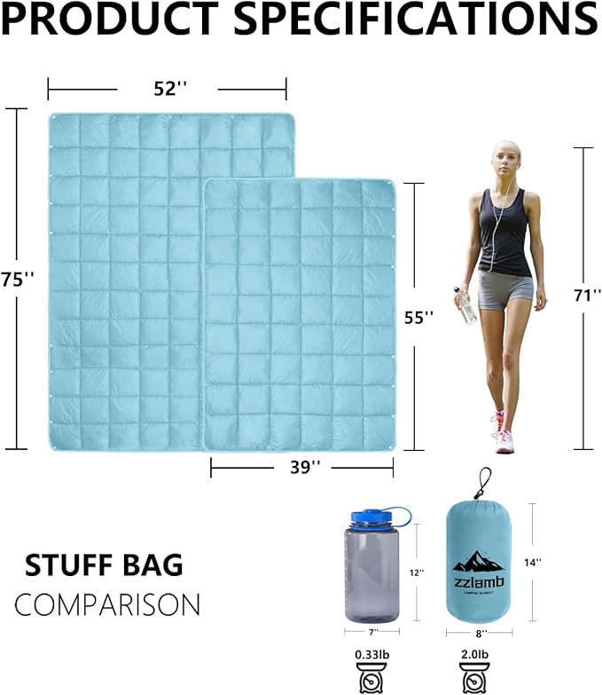 zzlamb Camping Blanket Compact Lightweight Soft Puffy Blanket Water-Repellent Packable Warm Quilt Down Alternative Picnic Hiking Backpacking Beach Travel RV Airplane Couch Car