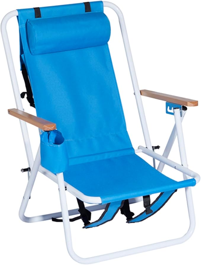 1Pcs Folding Beach Chair Set for Adults4 Position Portable Backpack Foldable Camping Chair with Headrest Cup Holder and Wooden ArmrestsAdjustable high Beach Lounge Chairs for Outdoor (1PcsBlue)