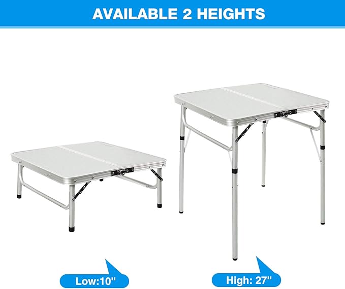 REDCAMP Small Square Folding Table 2 Foot Adjustable Height Portable Aluminum Camping Table Lightweight for Picnic Beach Outdoor Indoor White 24 x 24 inch