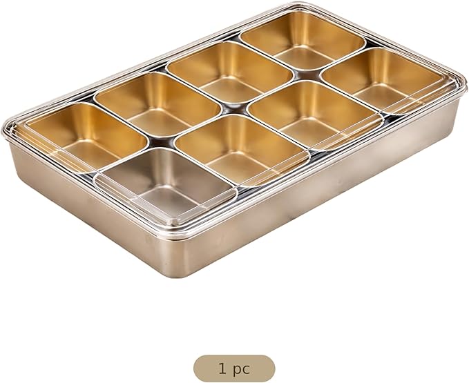8-Compartment Stainless Steel Yakumi Pan 20.29 Oz / 600 Ml Each Section with Clear Lid and Spoon Commercial Condiment Containers for Tea Ice Jelly Shops