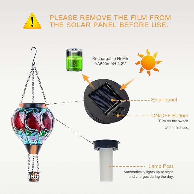 DREAMSOUL 2PCS Cardinal Hot Air Balloon Solar Lantern Hanging Glass Solar Lanterns Outdoor Waterproof for Yard Party Gift