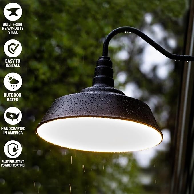 Steel Lighting Co. Large Outdoor Barn Light | Gooseneck Light Fixture | Made in America from 18-Gauge Steel | 20 Dome | 23 Gooseneck Matte Black Exterior/White Interior