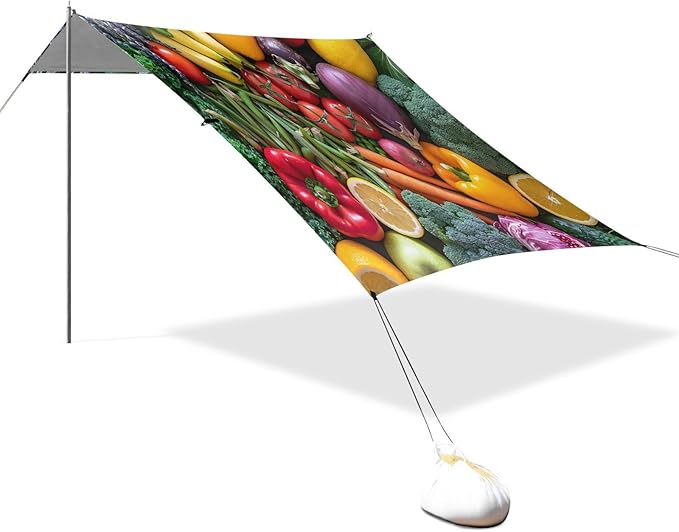 Fruits and Vegetables Beach Tent Sun Shelter 9.2' x 10.5' Beach Canopy with 4 Sandbags 4 Stability Poles Sand Shovels - Tent Canopy for Beach Camping Fishing Picnics