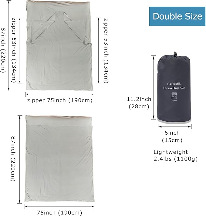 100% Cotton Sleeping Bag Liner with Full Length Zipper on 3 Sides Single/Double Adult Sleep Sack for Travel &amp Camping Multifunctional Travel Sheets (Unzipped 87”x87”) for Hotel Lightweight