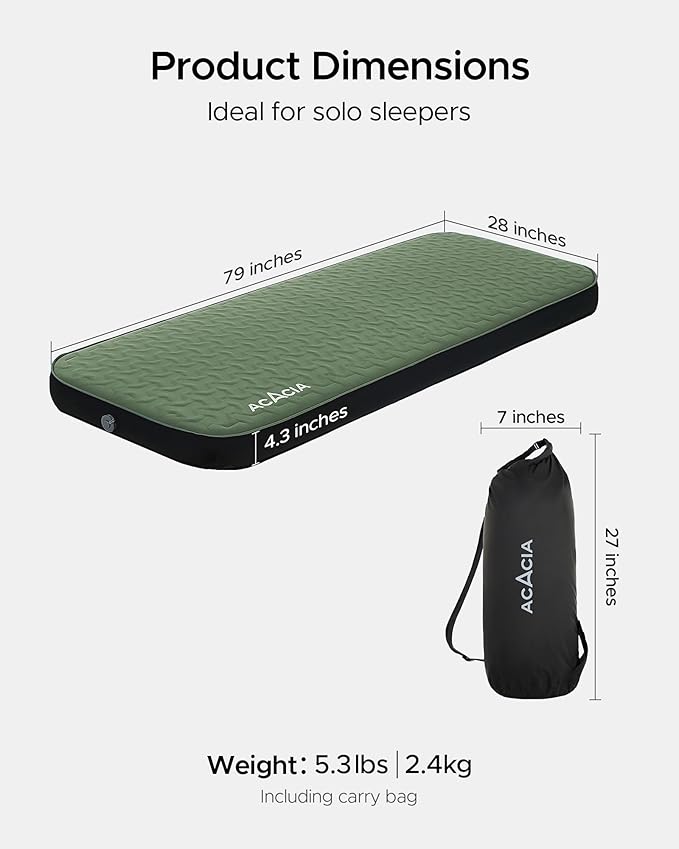 Acacia 4 Thick Self Inflating Sleeping Pad with Foam Innovative Y-Shaped Telescopic Structure Ultraportable Camping Air Mattress with Pump Sack Easy Roll Up Sleep Bed for Travel Tent Car