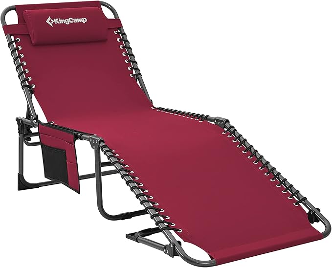 KingCamp Lounge Chair Outdoor Folding Portable Tanning Chairs Comfy Adjustable 5-Position Lay Flat Foldable Chaise Chaser Lounger with Pillow for Outside Beach Patio Sun Bathing Backyard Pool Wine