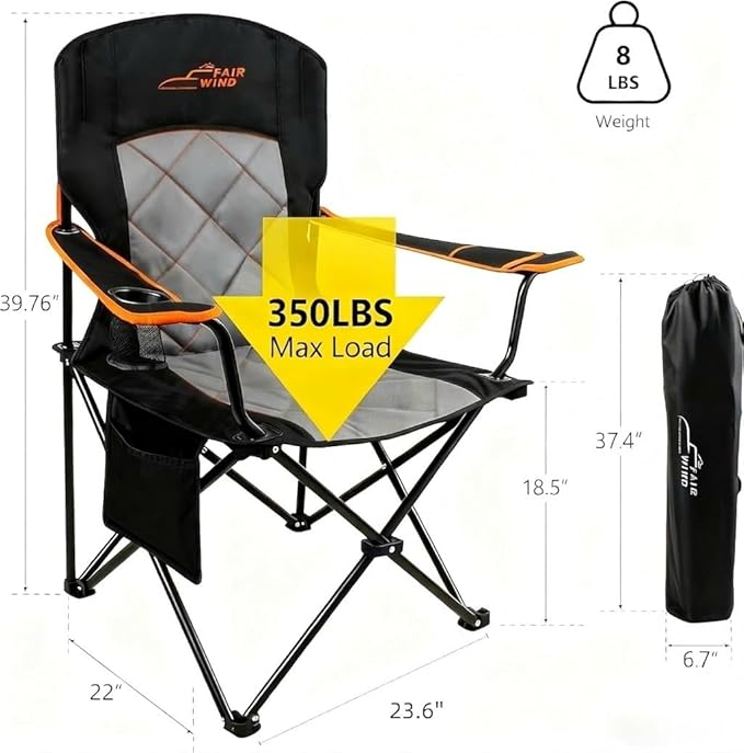 FAIR WIND 2 Pack Oversized Fully Padded Camping Chair Heavy Duty Quad Fold Arm Chair Support 350 LBS with Cup Holder Collapsible Lumbar Back Chair Portable for Outdoor Black