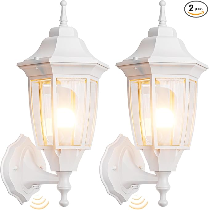 EMART Dusk to Dawn Outdoor Porch Light Exterior Anti-Corrosion Waterproof Aluminum &amp Glass Shades Wall Lamp Fixture Modern Sconce Lantern for Yard House Garage - 2 Pack White （Bulb Included）